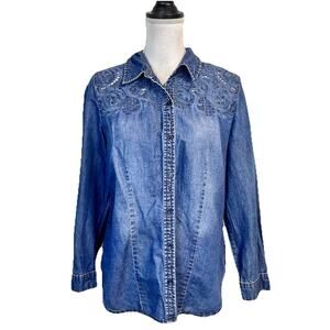 Chico's Denim Jean Shirt Blouse sz 8/Chico's sz 1 Battenburg Lace Western Casual
